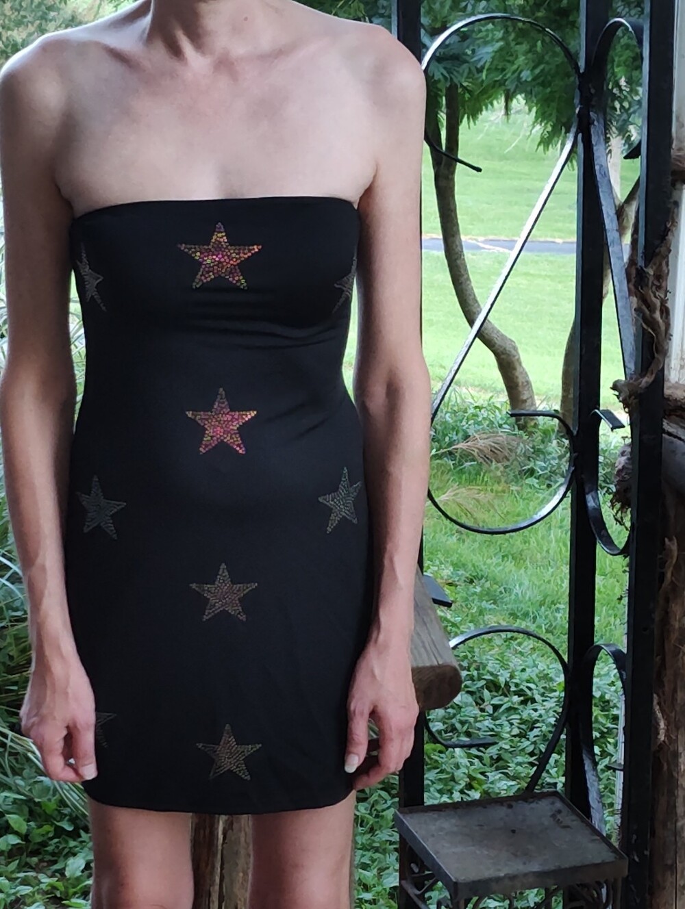 Rainbow Rhinestone Star-Detail Women’s Black Tube Dress